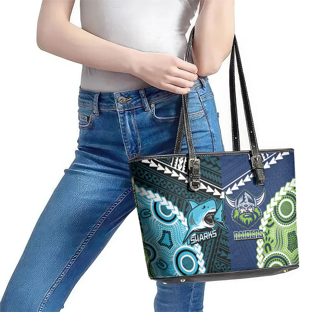 Rugby Sharks and Raiders Leather Tote Bag 2026 Together Aboriginal Polynesian Pattern
