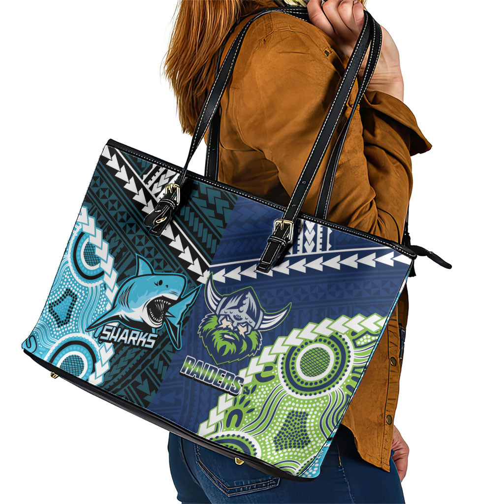 Rugby Sharks and Raiders Leather Tote Bag 2026 Together Aboriginal Polynesian Pattern