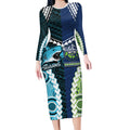 Custom Rugby Sharks and Raiders Long Sleeve Bodycon Dress 2026 Together Aboriginal Polynesian Pattern