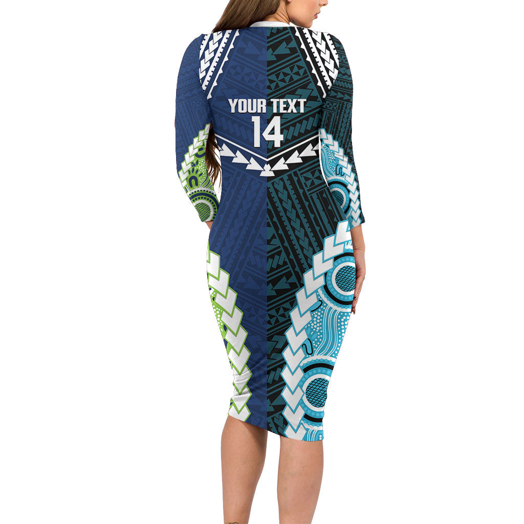 Custom Rugby Sharks and Raiders Long Sleeve Bodycon Dress 2026 Together Aboriginal Polynesian Pattern
