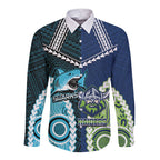 Custom Rugby Sharks and Raiders Long Sleeve Button Shirt 2026 Together Aboriginal Polynesian Pattern