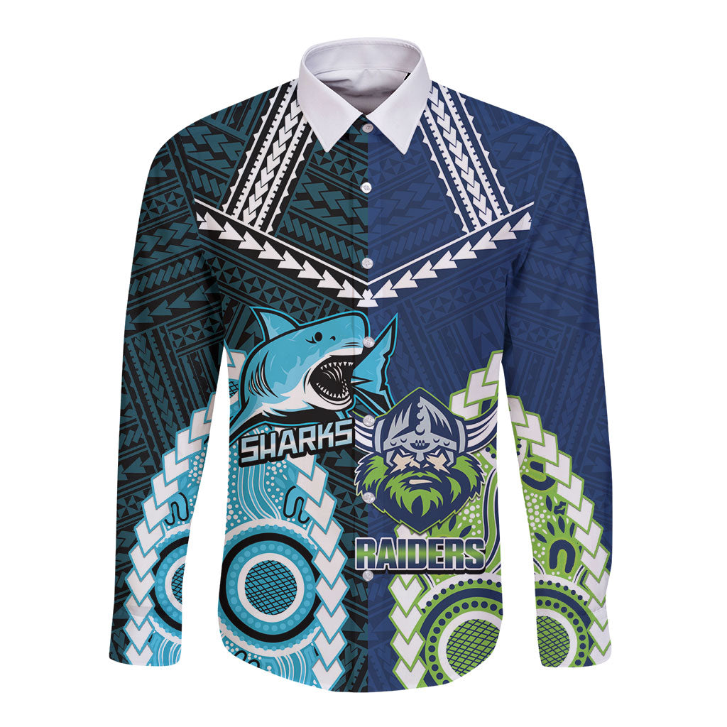 Custom Rugby Sharks and Raiders Long Sleeve Button Shirt 2026 Together Aboriginal Polynesian Pattern