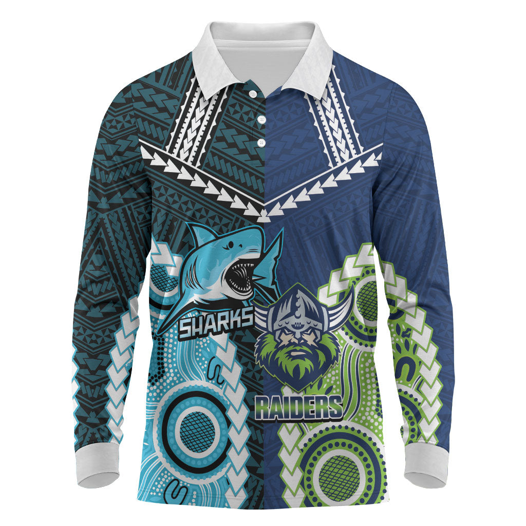 Custom Rugby Sharks and Raiders Long Sleeve Polo Shirt 2026 Together Aboriginal Polynesian Pattern