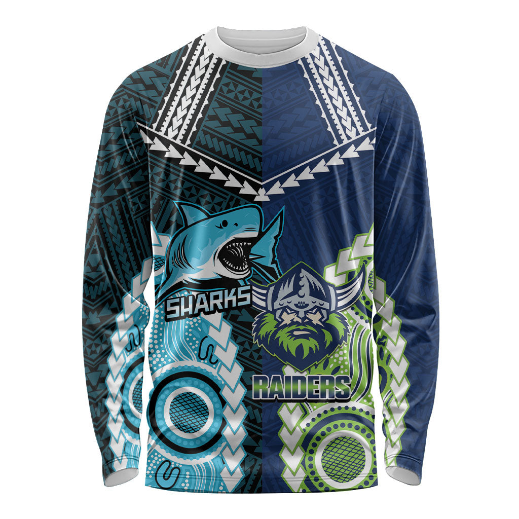 Custom Rugby Sharks and Raiders Long Sleeve Shirt 2026 Together Aboriginal Polynesian Pattern