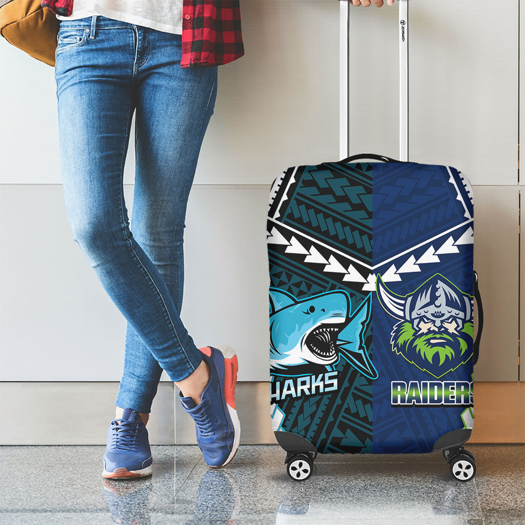 Rugby Sharks and Raiders Luggage Cover 2026 Together Aboriginal Polynesian Pattern