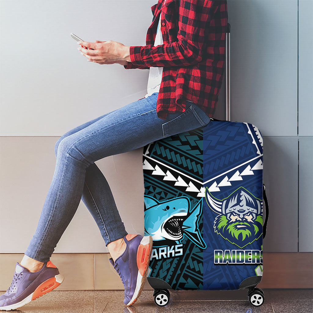 Rugby Sharks and Raiders Luggage Cover 2026 Together Aboriginal Polynesian Pattern