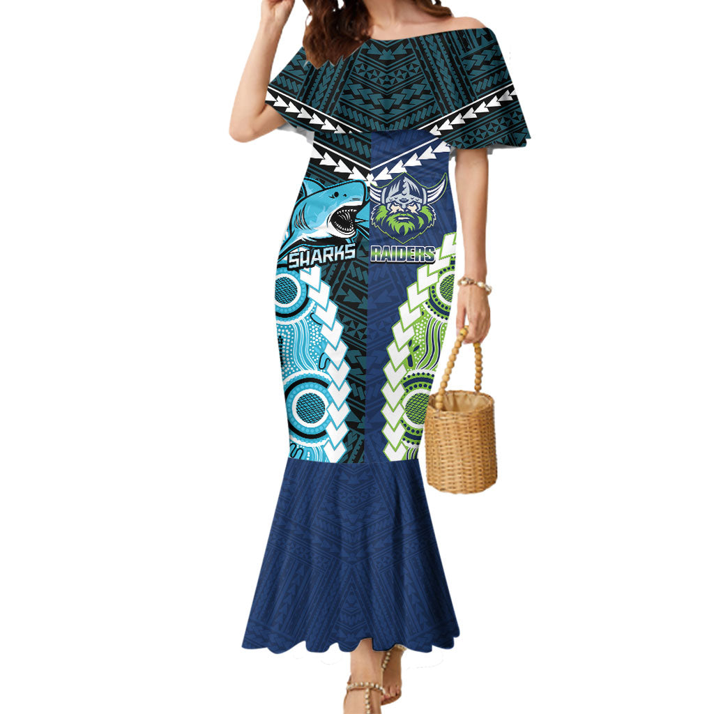 Custom Rugby Sharks and Raiders Mermaid Dress 2026 Together Aboriginal Polynesian Pattern