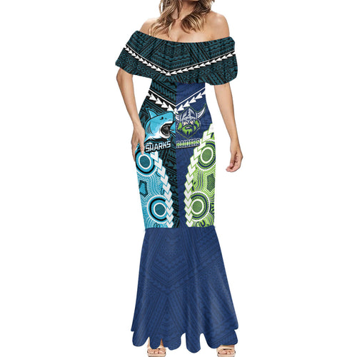 Custom Rugby Sharks and Raiders Mermaid Dress 2026 Together Aboriginal Polynesian Pattern