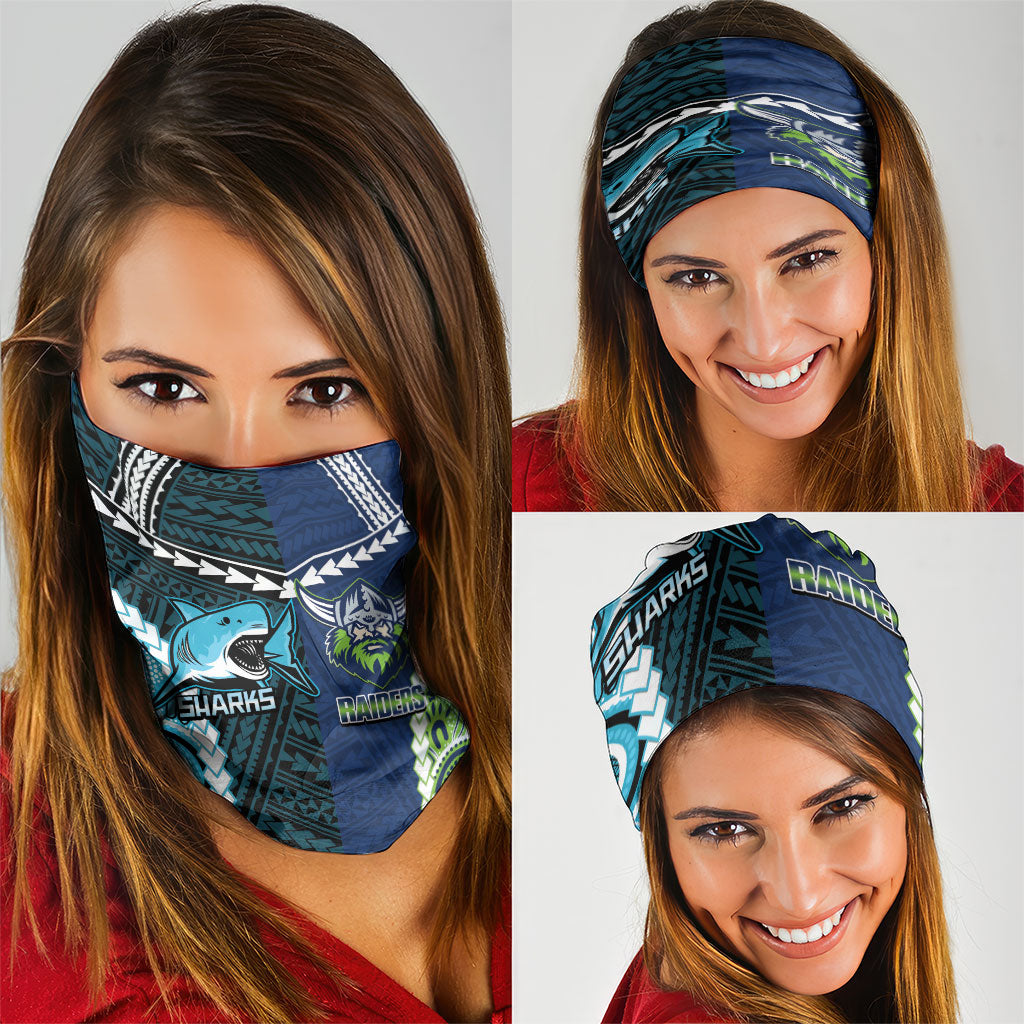 Rugby Sharks and Raiders Neck Gaiter 2026 Together Aboriginal Polynesian Pattern