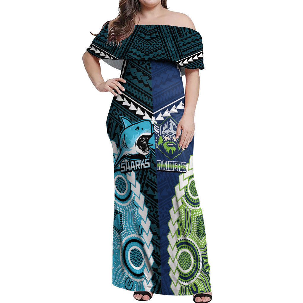 Custom Rugby Sharks and Raiders Off Shoulder Maxi Dress 2026 Together Aboriginal Polynesian Pattern