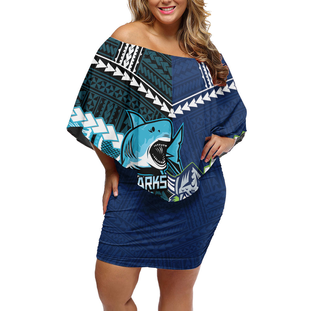 Custom Rugby Sharks and Raiders Off Shoulder Short Dress 2026 Together Aboriginal Polynesian Pattern
