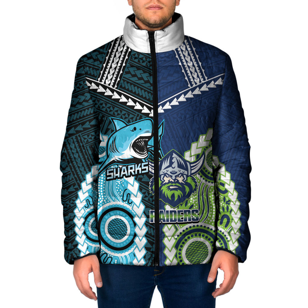 Custom Rugby Sharks and Raiders Padded Jacket 2026 Together Aboriginal Polynesian Pattern