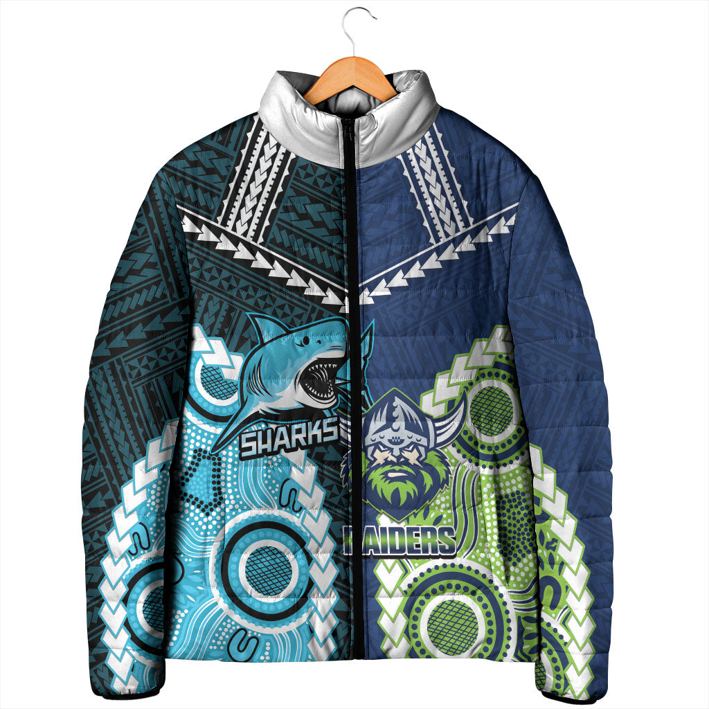 Custom Rugby Sharks and Raiders Padded Jacket 2026 Together Aboriginal Polynesian Pattern