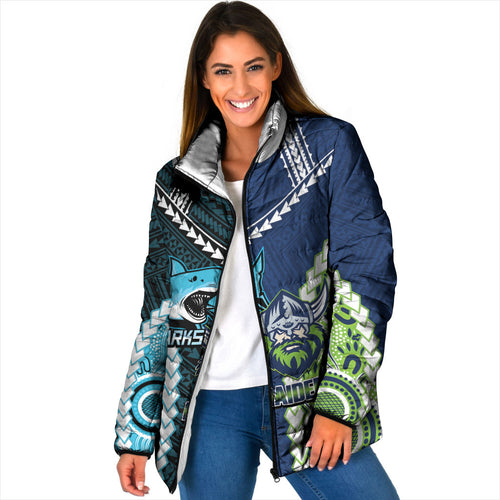 Custom Rugby Sharks and Raiders Padded Jacket 2026 Together Aboriginal Polynesian Pattern