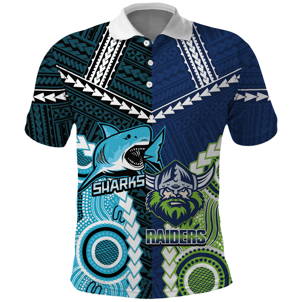 Custom Rugby Sharks and Raiders Polo Shirt 2026 Together Aboriginal Polynesian Pattern