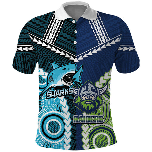 Custom Rugby Sharks and Raiders Polo Shirt 2026 Together Aboriginal Polynesian Pattern