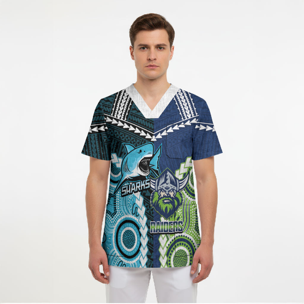 Custom Rugby Sharks and Raiders Scrub Top 2026 Together Aboriginal Polynesian Pattern