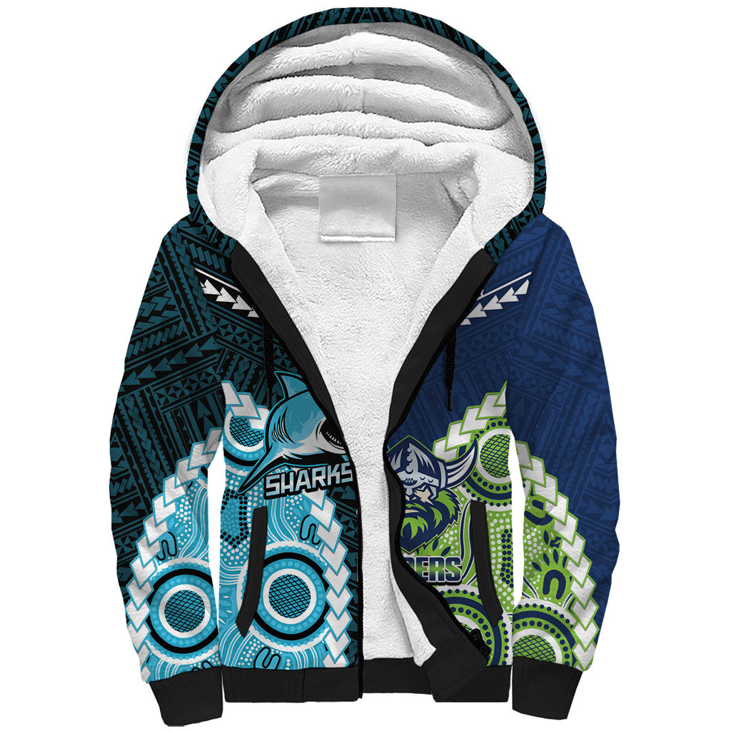 Custom Rugby Sharks and Raiders Sherpa Hoodie 2026 Together Aboriginal Polynesian Pattern