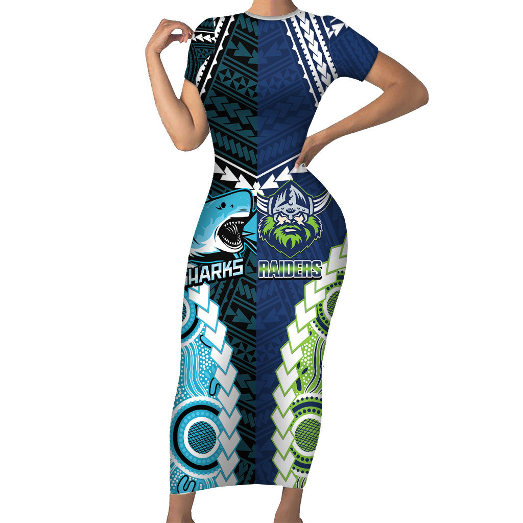 Custom Rugby Sharks and Raiders Short Sleeve Bodycon Dress 2026 Together Aboriginal Polynesian Pattern