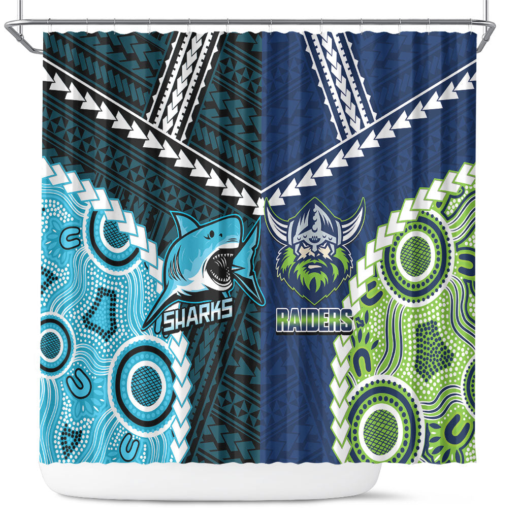 Rugby Sharks and Raiders Shower Curtain 2026 Together Aboriginal Polynesian Pattern