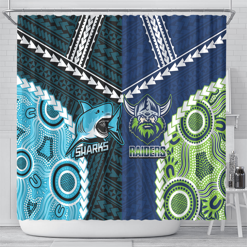 Rugby Sharks and Raiders Shower Curtain 2026 Together Aboriginal Polynesian Pattern