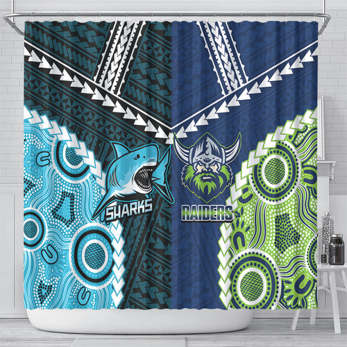 Rugby Sharks and Raiders Shower Curtain 2026 Together Aboriginal Polynesian Pattern