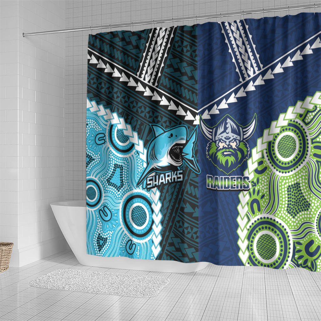 Rugby Sharks and Raiders Shower Curtain 2026 Together Aboriginal Polynesian Pattern