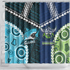 Rugby Sharks and Raiders Shower Curtain 2026 Together Aboriginal Polynesian Pattern