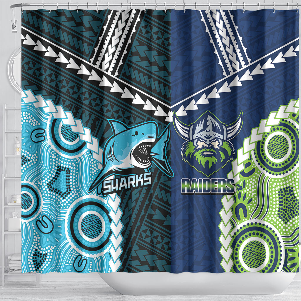 Rugby Sharks and Raiders Shower Curtain 2026 Together Aboriginal Polynesian Pattern