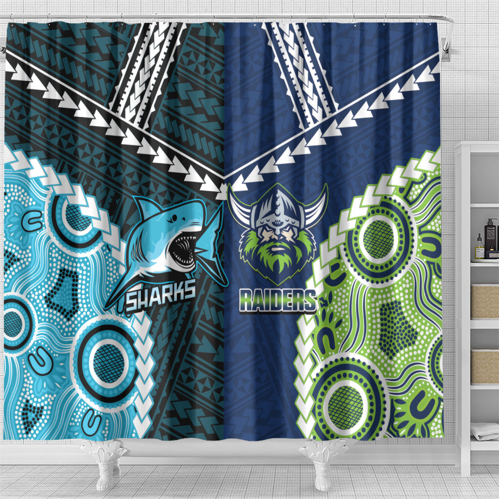 Rugby Sharks and Raiders Shower Curtain 2026 Together Aboriginal Polynesian Pattern