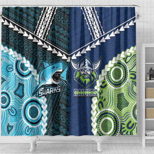 Rugby Sharks and Raiders Shower Curtain 2026 Together Aboriginal Polynesian Pattern