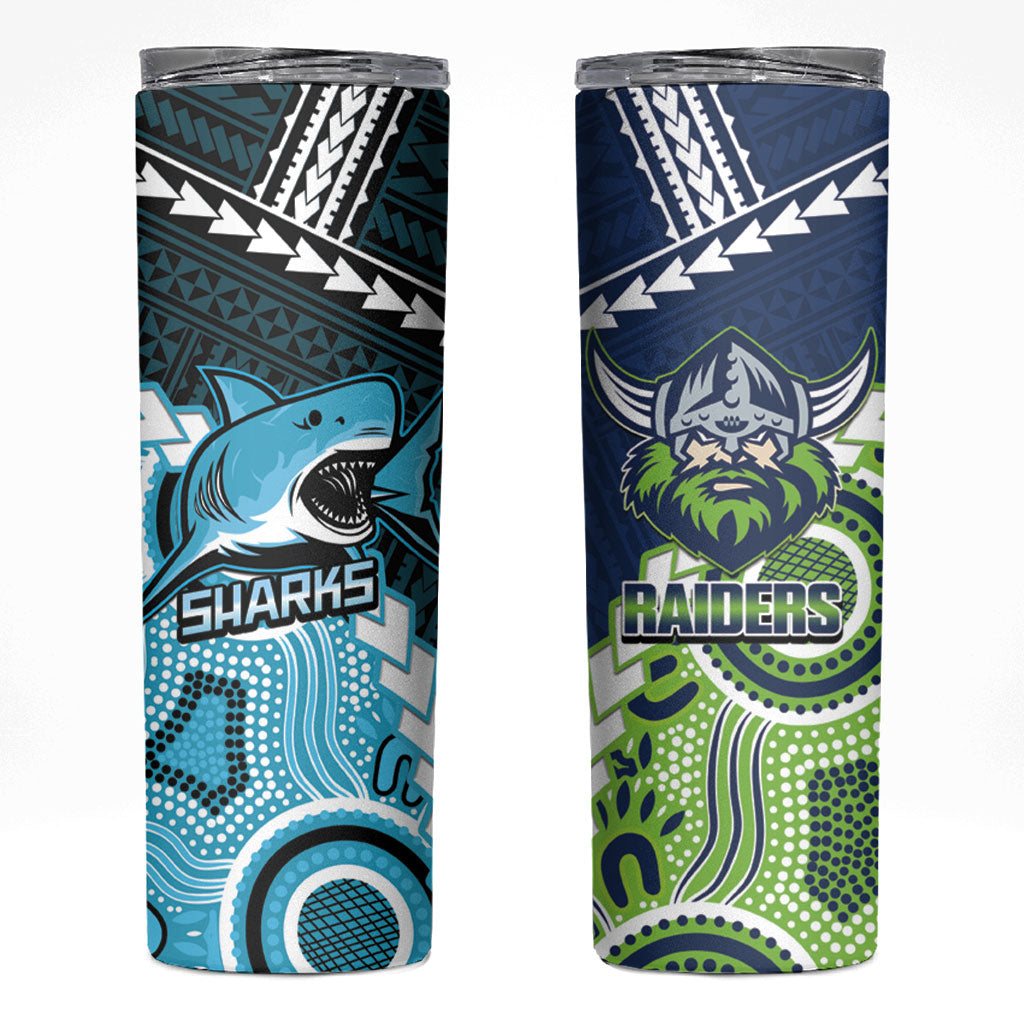 Custom Rugby Sharks and Raiders Skinny Tumbler 2026 Together Aboriginal Polynesian Pattern