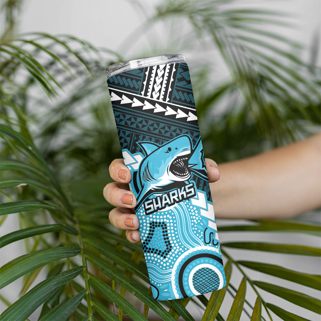 Custom Rugby Sharks and Raiders Skinny Tumbler 2026 Together Aboriginal Polynesian Pattern