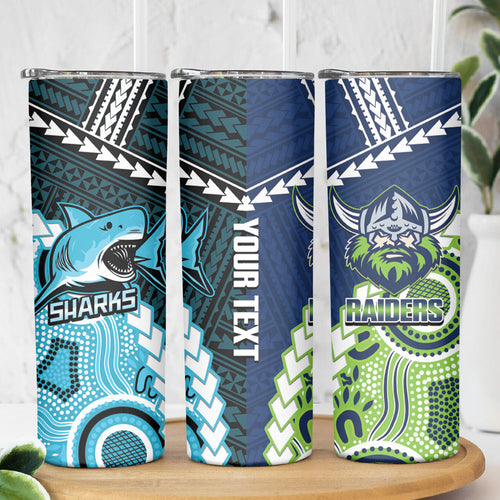Custom Rugby Sharks and Raiders Skinny Tumbler 2026 Together Aboriginal Polynesian Pattern