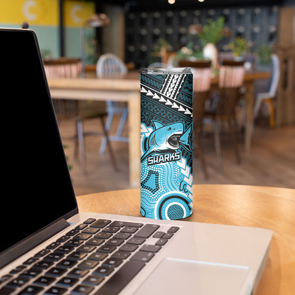 Custom Rugby Sharks and Raiders Skinny Tumbler 2026 Together Aboriginal Polynesian Pattern