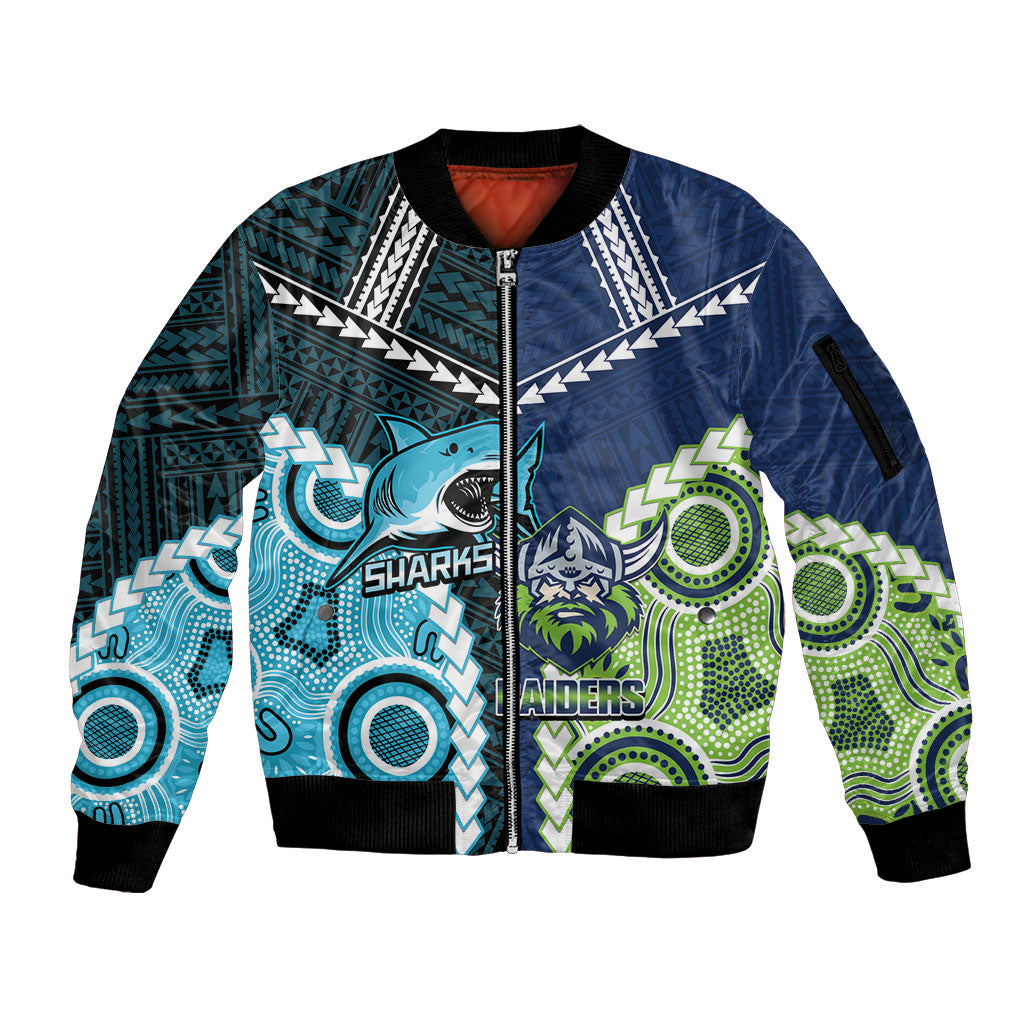 Custom Rugby Sharks and Raiders Sleeve Zip Bomber Jacket 2026 Together Aboriginal Polynesian Pattern