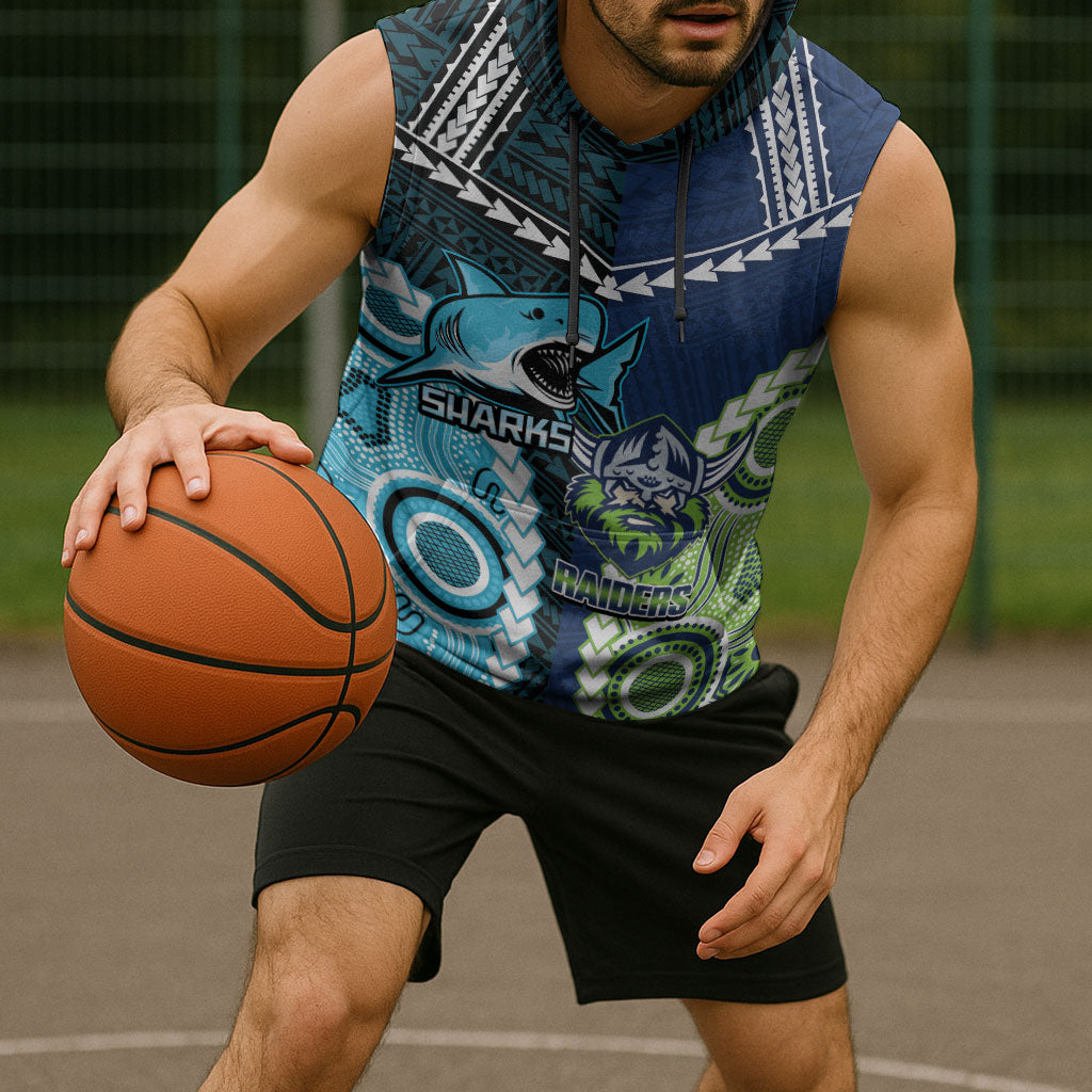 Custom Rugby Sharks and Raiders Sleeveless Hoodie 2026 Together Aboriginal Polynesian Pattern