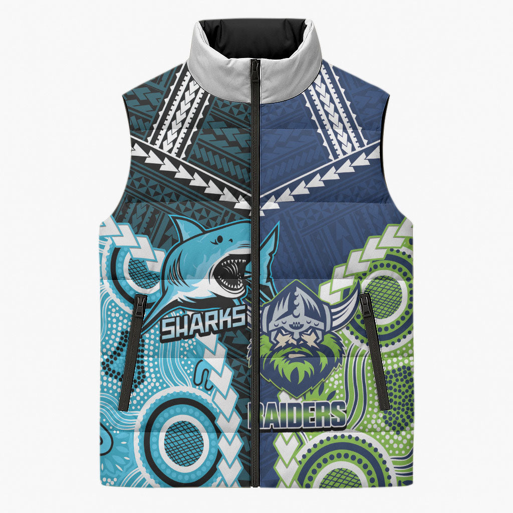 Custom Rugby Sharks and Raiders Sleeveless Puffer Jacket 2026 Together Aboriginal Polynesian Pattern