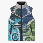 Custom Rugby Sharks and Raiders Sleeveless Puffer Jacket 2026 Together Aboriginal Polynesian Pattern