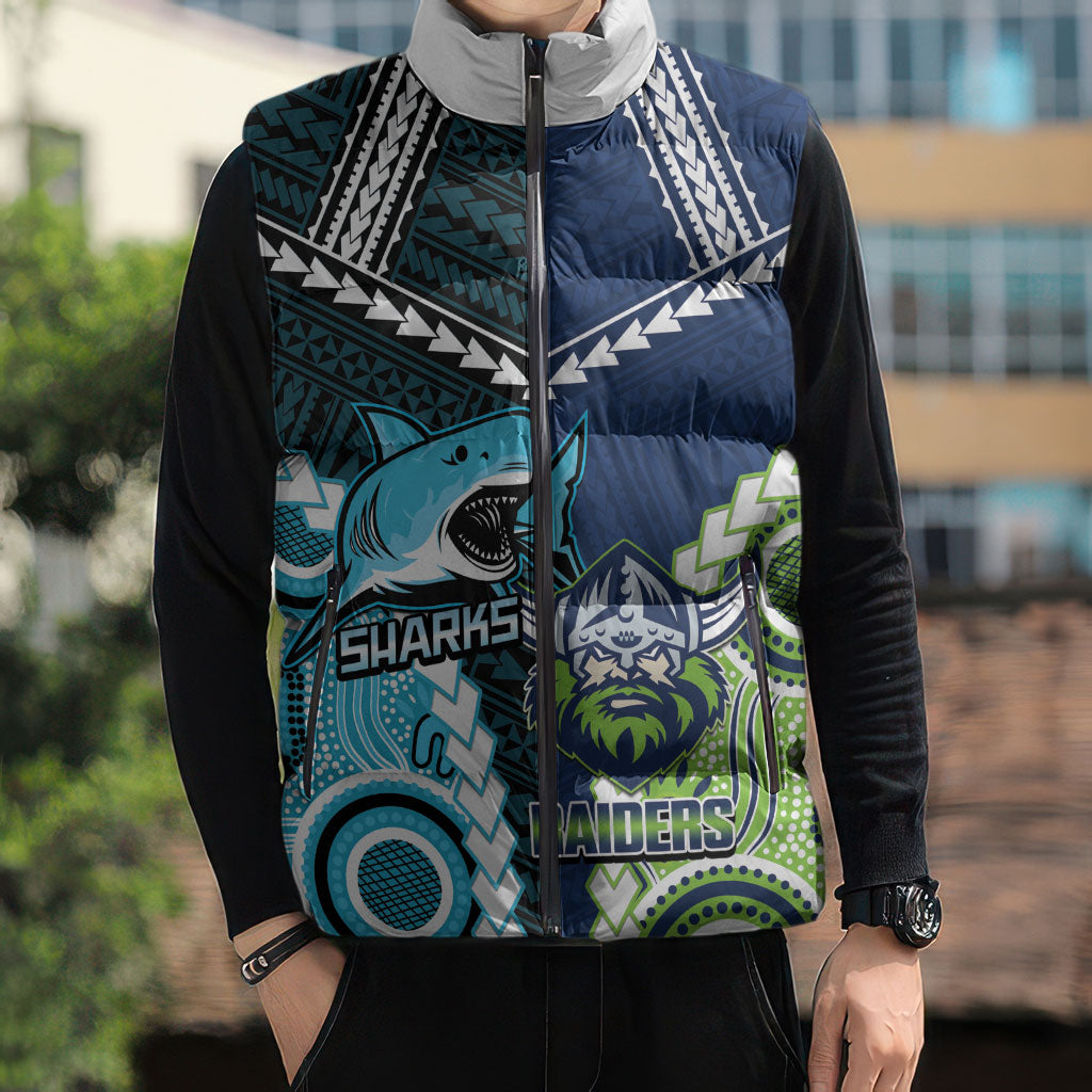 Custom Rugby Sharks and Raiders Sleeveless Puffer Jacket 2026 Together Aboriginal Polynesian Pattern