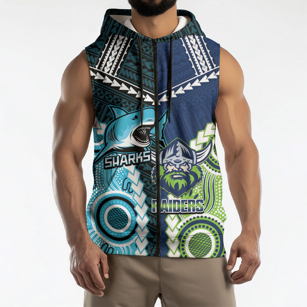 Custom Rugby Sharks and Raiders Sleeveless Zip Hoodie 2026 Together Aboriginal Polynesian Pattern