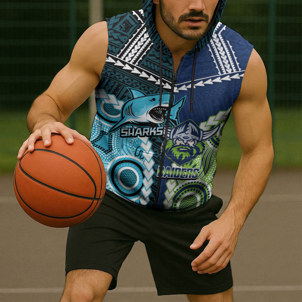 Custom Rugby Sharks and Raiders Sleeveless Zip Hoodie 2026 Together Aboriginal Polynesian Pattern