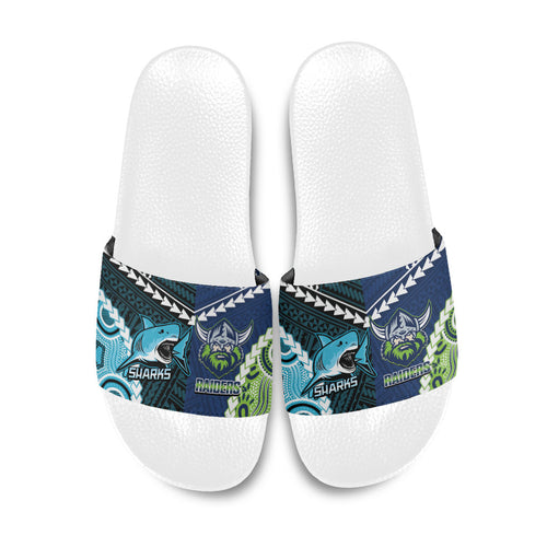 Rugby Sharks and Raiders Slide Sandals 2026 Together Aboriginal Polynesian Pattern
