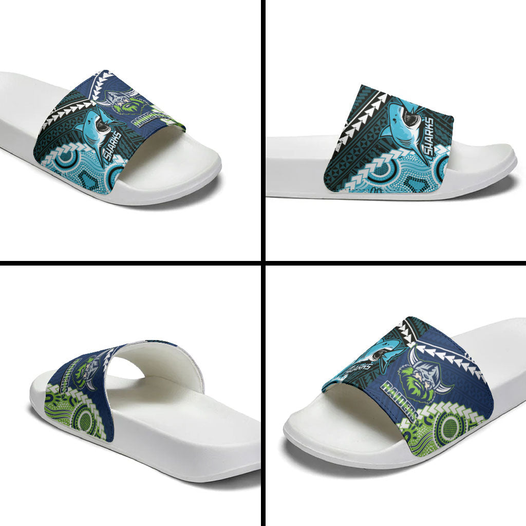 Rugby Sharks and Raiders Slide Sandals 2026 Together Aboriginal Polynesian Pattern