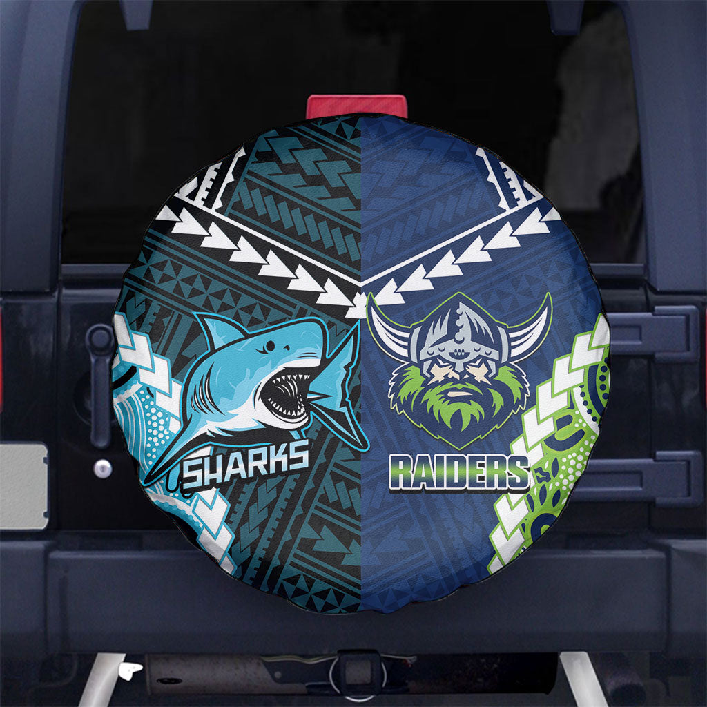 Rugby Sharks and Raiders Spare Tire Cover 2026 Together Aboriginal Polynesian Pattern