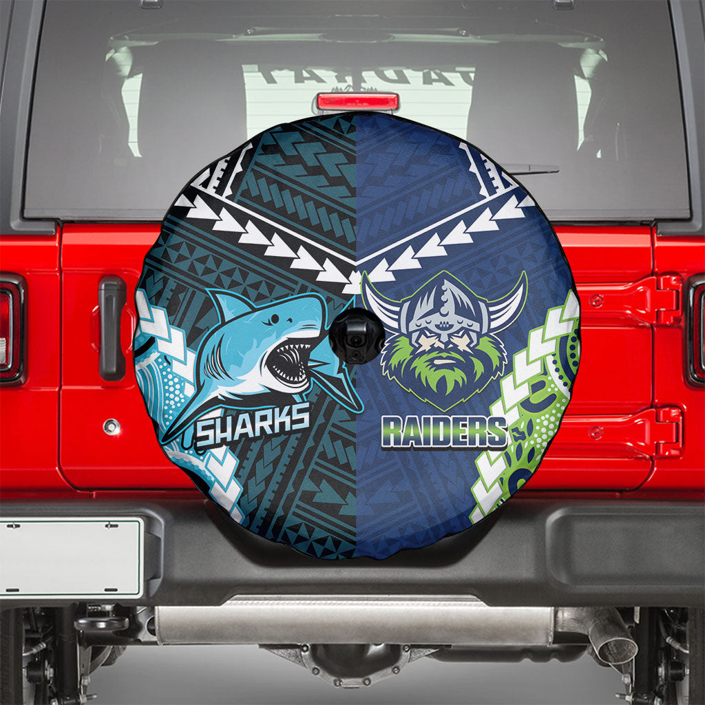 Rugby Sharks and Raiders Spare Tire Cover 2026 Together Aboriginal Polynesian Pattern