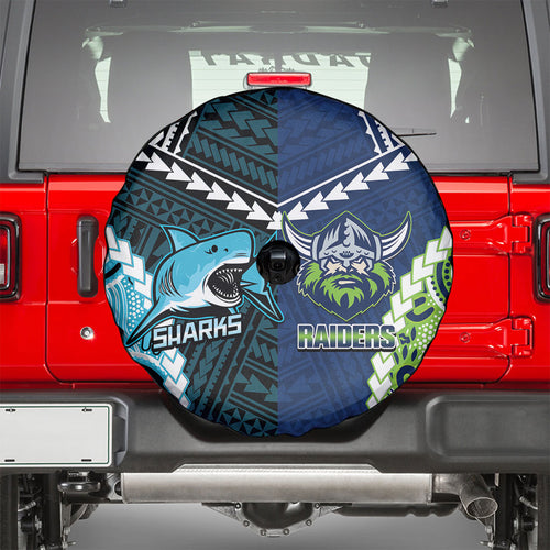 Rugby Sharks and Raiders Spare Tire Cover 2026 Together Aboriginal Polynesian Pattern