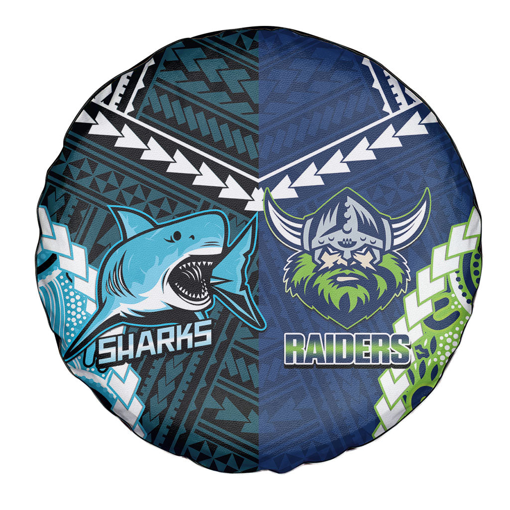 Rugby Sharks and Raiders Spare Tire Cover 2026 Together Aboriginal Polynesian Pattern