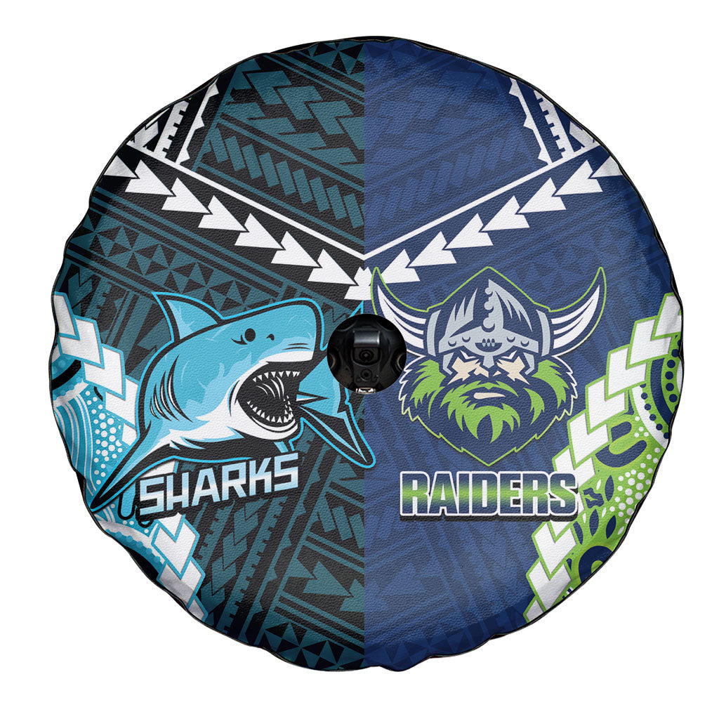 Rugby Sharks and Raiders Spare Tire Cover 2026 Together Aboriginal Polynesian Pattern