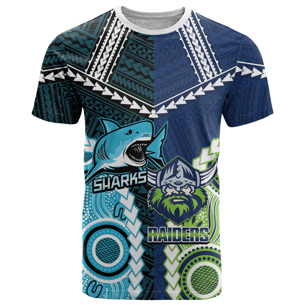 Custom Rugby Sharks and Raiders T Shirt 2026 Together Aboriginal Polynesian Pattern